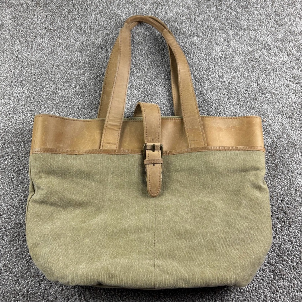 L.L Bean Vintage Brown Leather Green Canvas Leather Utility 0BWA6 Tote Travel